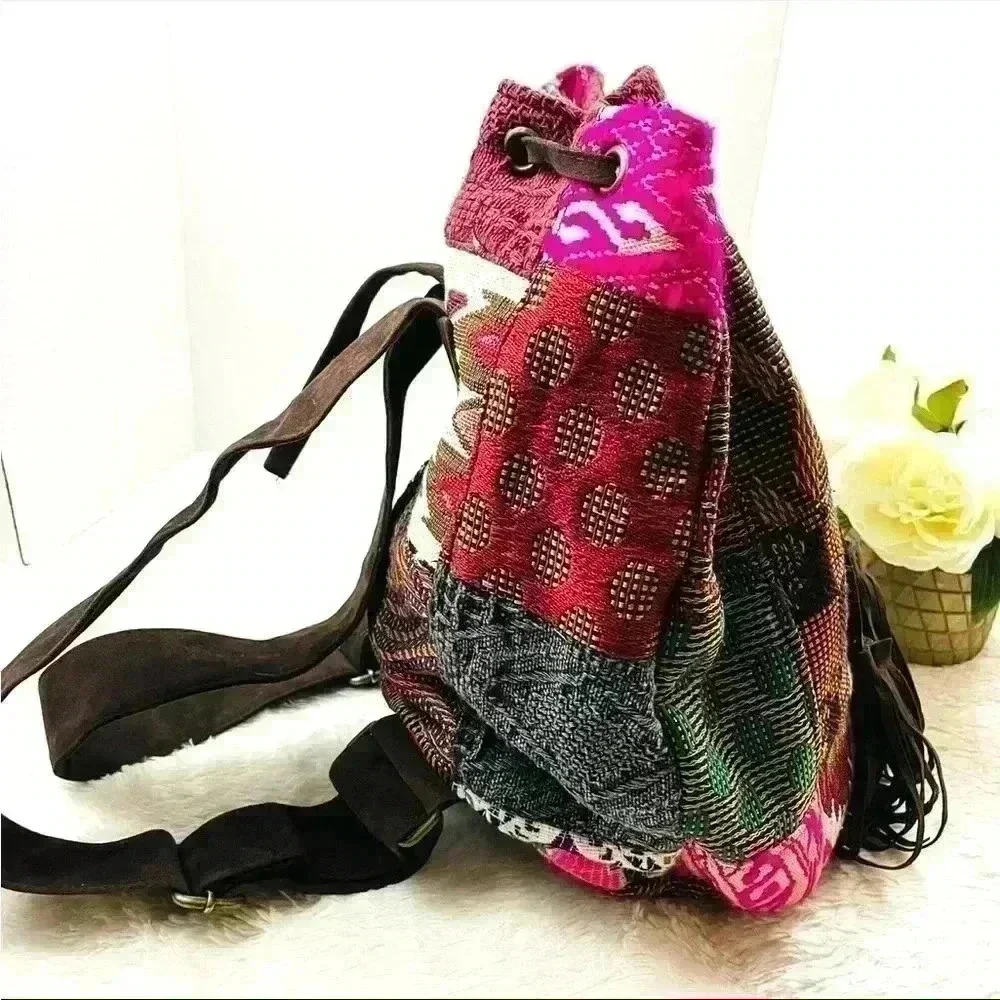 Handcrafted Patchwork Bucket Boho Hobo Drawstring Tassel Backpack Bag